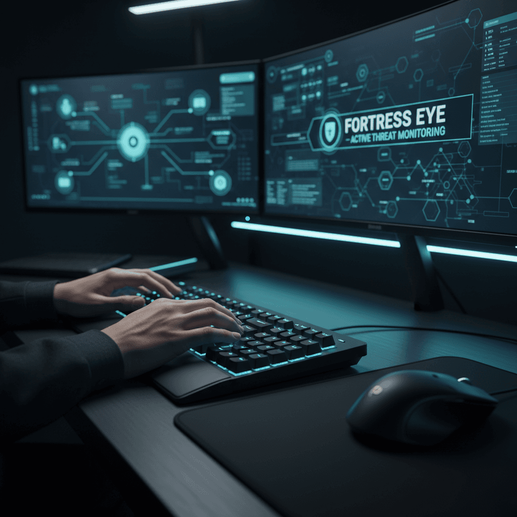 Cybersecurity specialist monitoring AI system threats on multiple displays