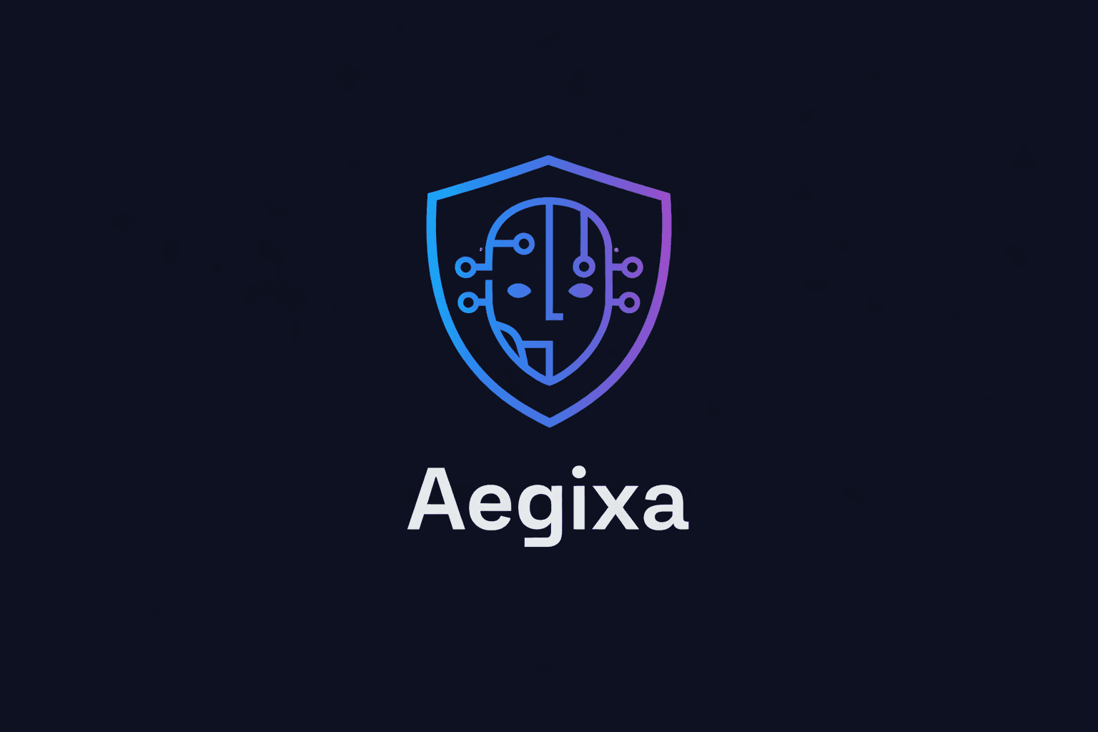 Blue and purple gradient shield logo for Aegixa with a stylized robotic circuit face.